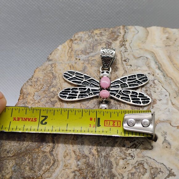 Southwest Sterling Silver Pink Conch Shell Dragonfly Pendant 2" Long - Picture 5 of 7